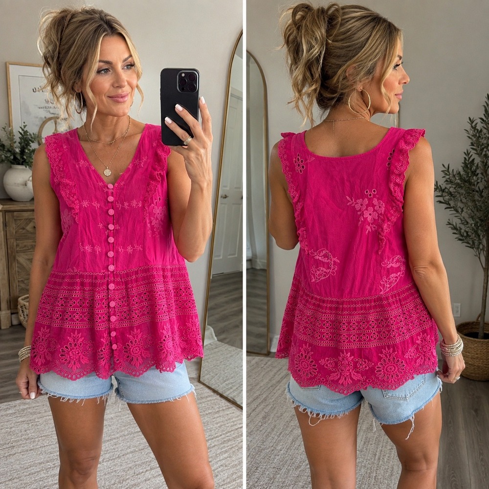 Johnny Was Top Hot Pink Eyelet Floral Embroidery Cupra Rayon Boho Size XS